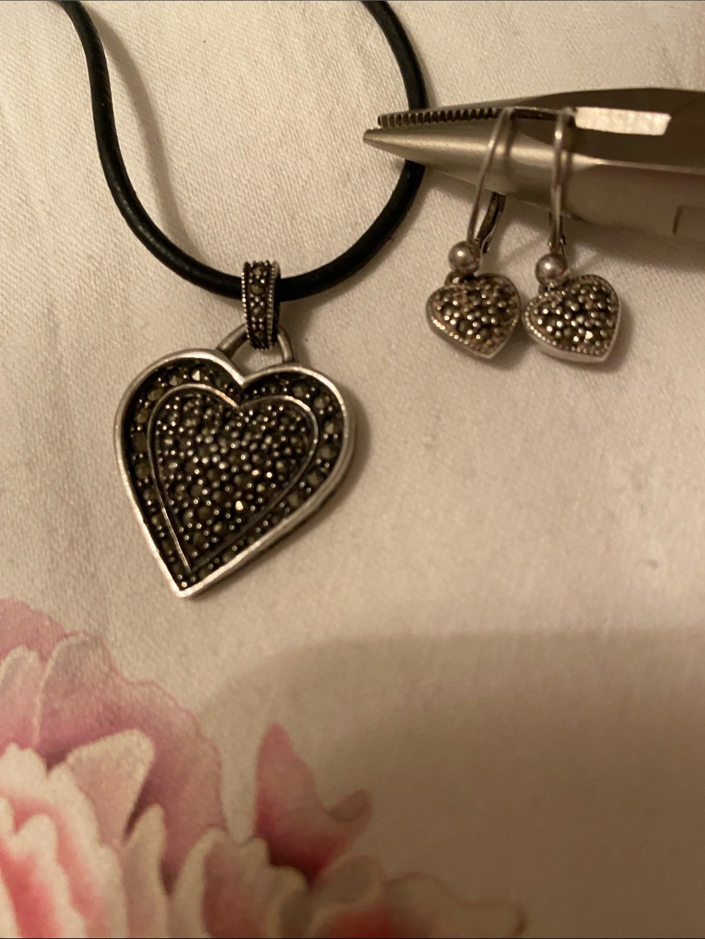 Judith Jack sterling silver marcasite heart necklace and matching earrings
